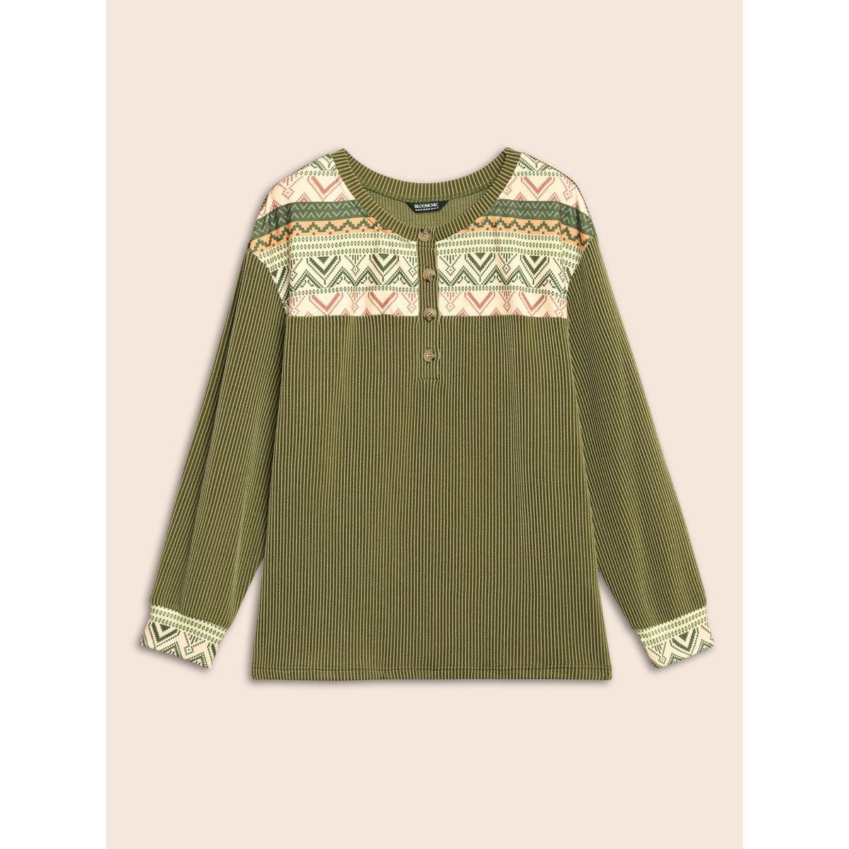 Plus Size Bandana Patchwork Button Up T-shirt ArmyGreen Women Casual Texture Round Neck Everyday T-shirts BloomChic 28/5X Product Image