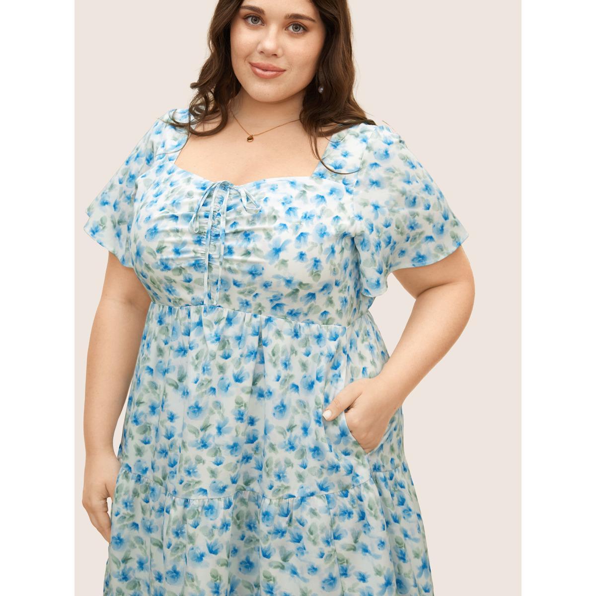 Plus Size Watercolor Floral Drawstring Ruffle Sleeve Midi Dress Skyblue Women Elegant Drawstring Square Neck Short sleeve Curvy BloomChic 30/6X Product Image