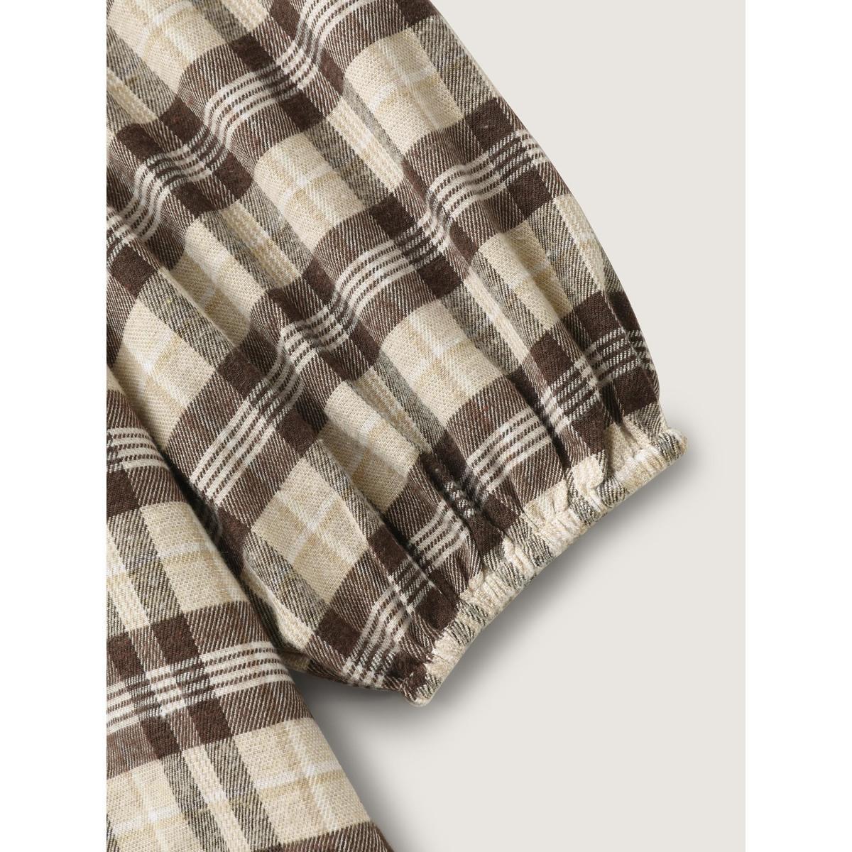 Plus Size DarkBrown Plaid Print Neck Tie-Up Blouse Women Long Sleeve V-neck Work Blouses BloomChic 12/L Product Image