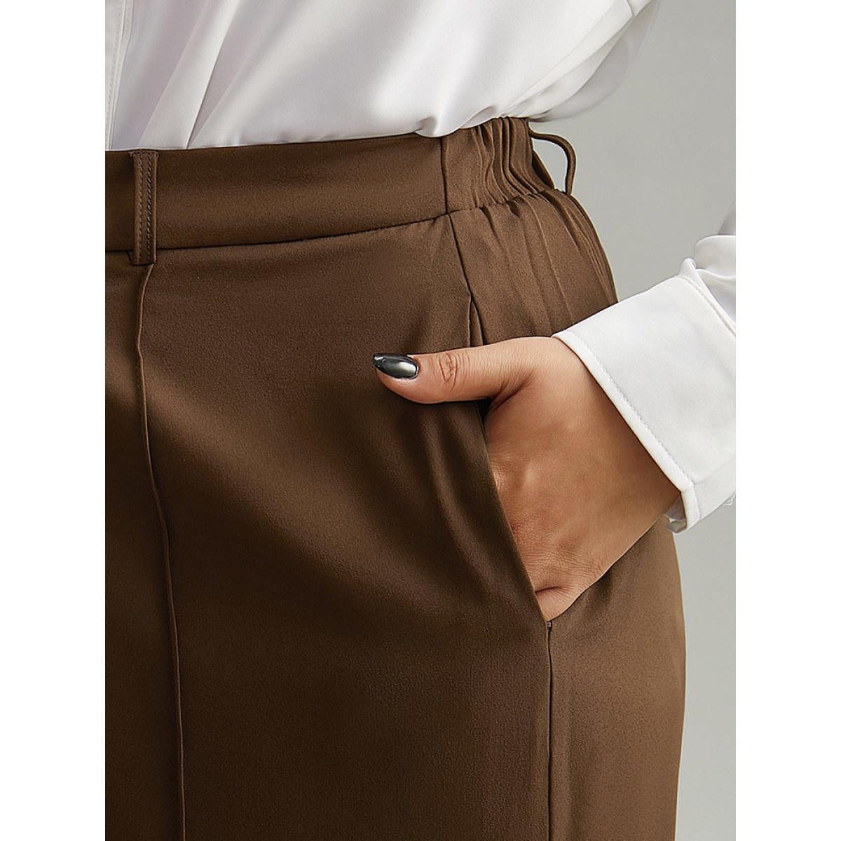 Plus Size Static-Free Plain Pocket Pleated Pants Women DarkBrown Office Straight Leg High Rise Work Pants BloomChic 10/M Product Image