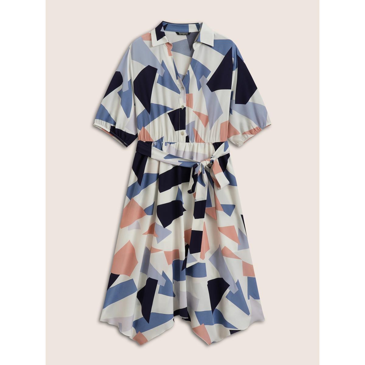 Plus Size Geometric Polo Neck Button Up Belted Dress Beige Women At the Office Belted Shirt collar Short sleeve Curvy Midi Dress BloomChic 10/M Product Image