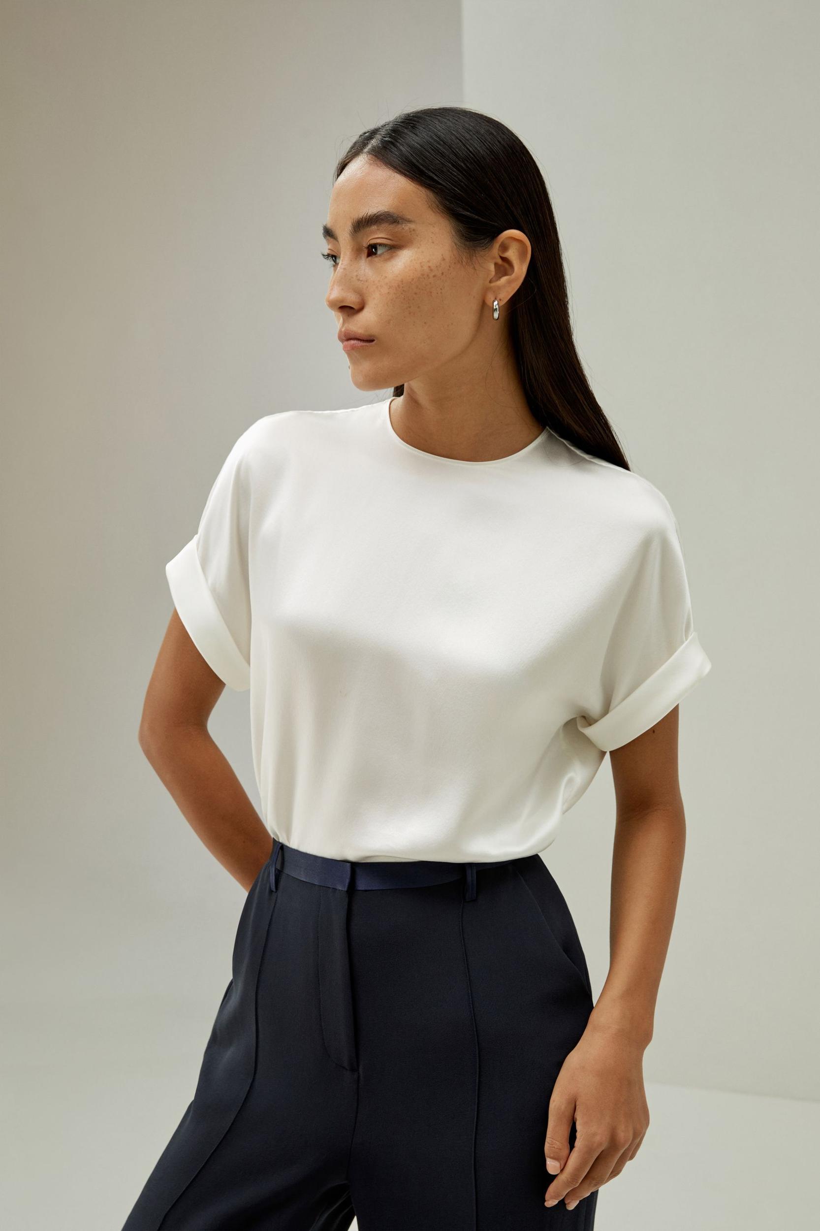 Obliuque Sleeves Round Neck Silk Tee Product Image