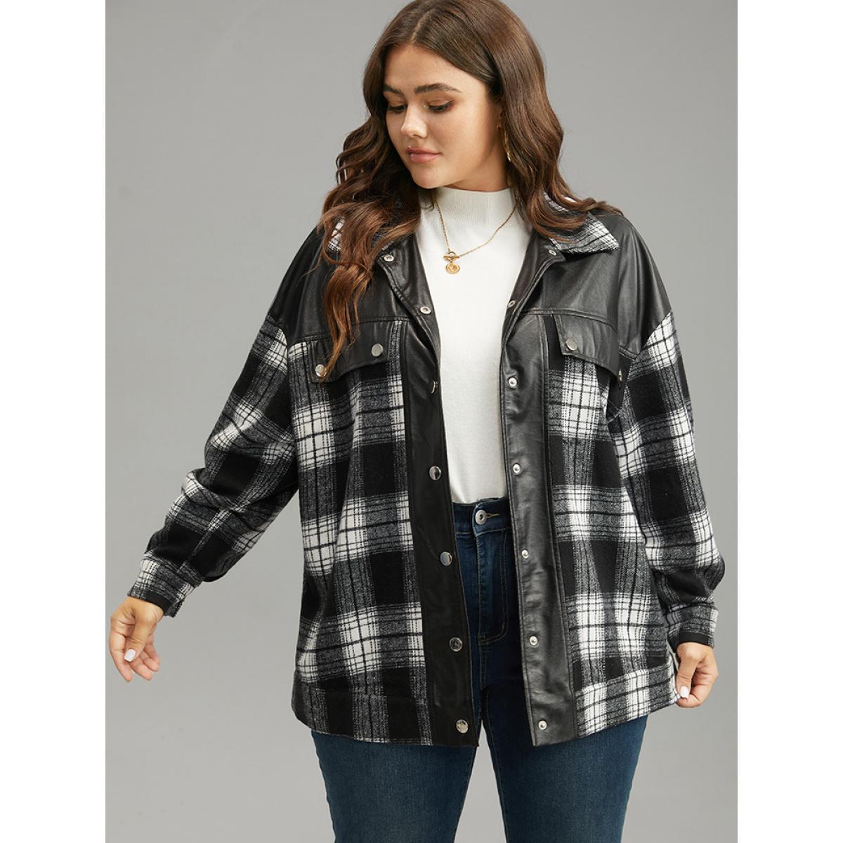 Plus Size Plaid Patchwork Contrast Button Up Shacket Women Black Contrast Pocket Dailywear Jackets BloomChic 12/L Product Image