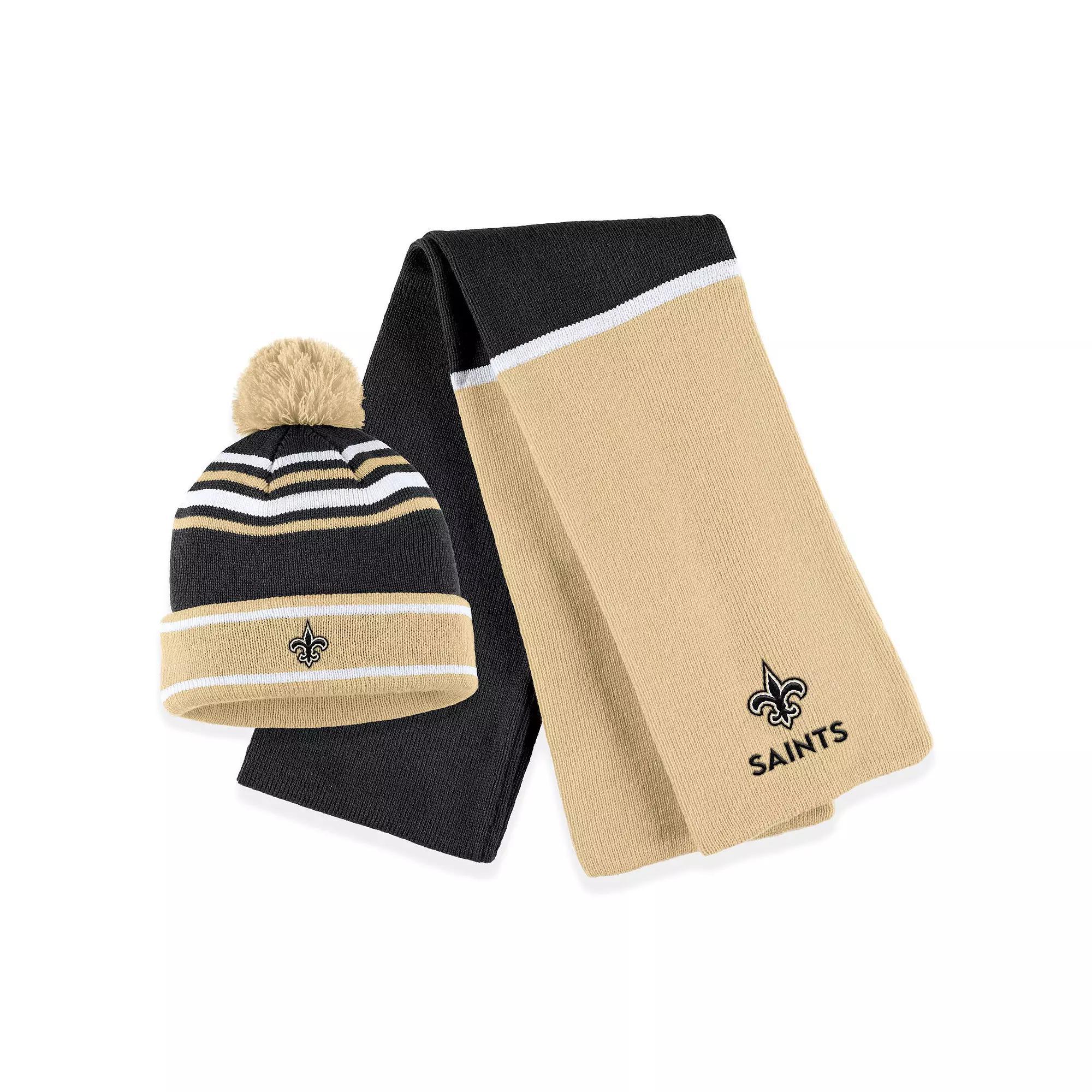 Womens WEAR by Erin Andrews New Orleans Saints Colorblock Cuffed Knit Hat with Pom and Scarf Set Product Image
