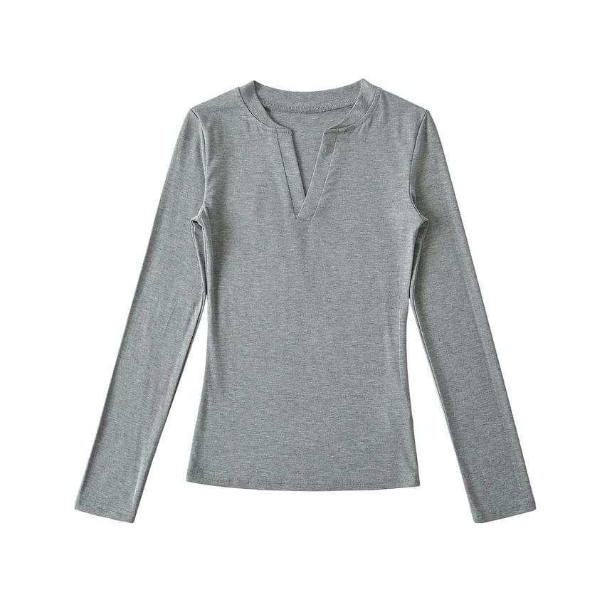 Long-Sleeve Notched Plain Top Product Image
