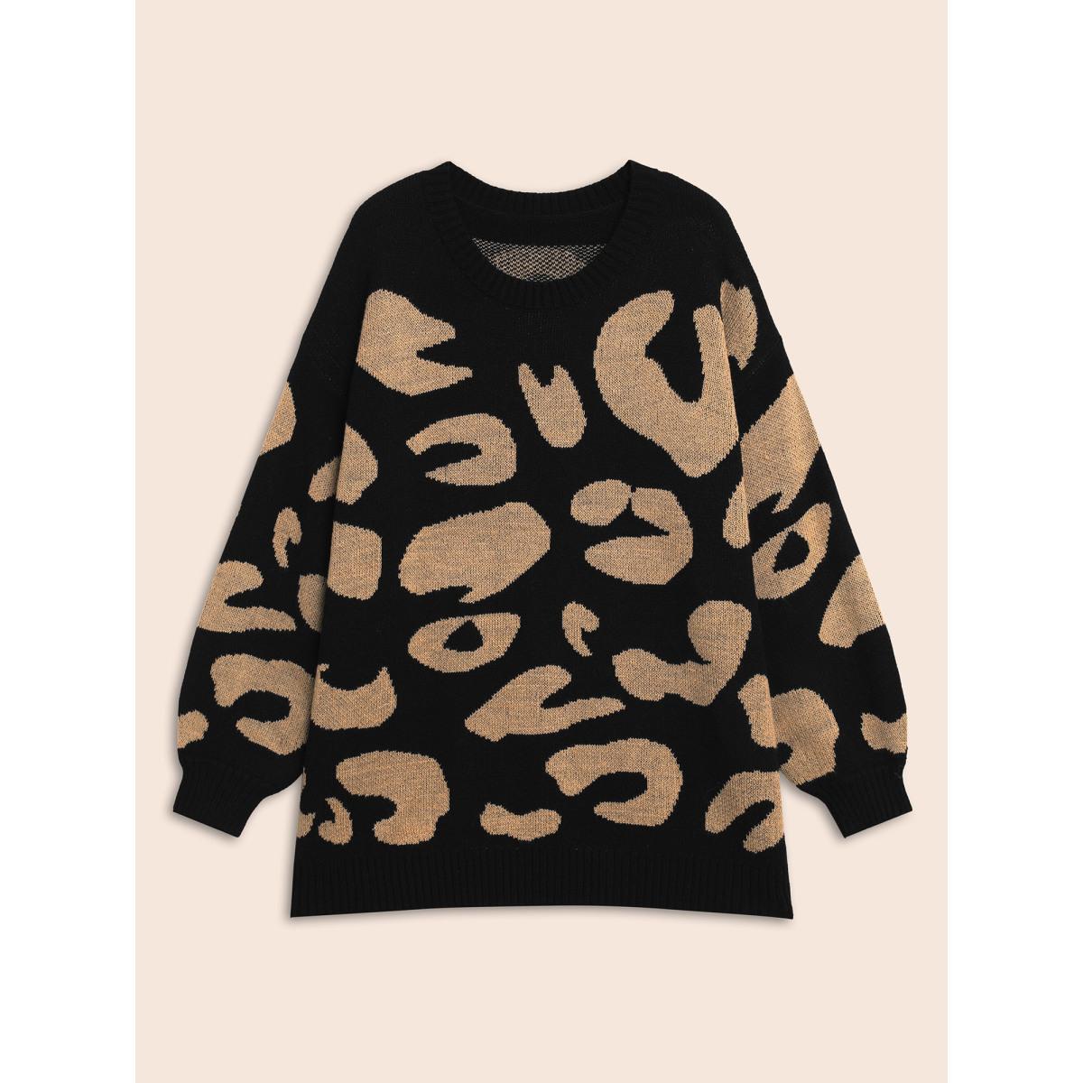Plus Size Leopard Print Drop Shoulder Sleeve Pullover Black Women Casual Loose Long Sleeve Round Neck Everyday Pullovers BloomChic 28/5X Product Image