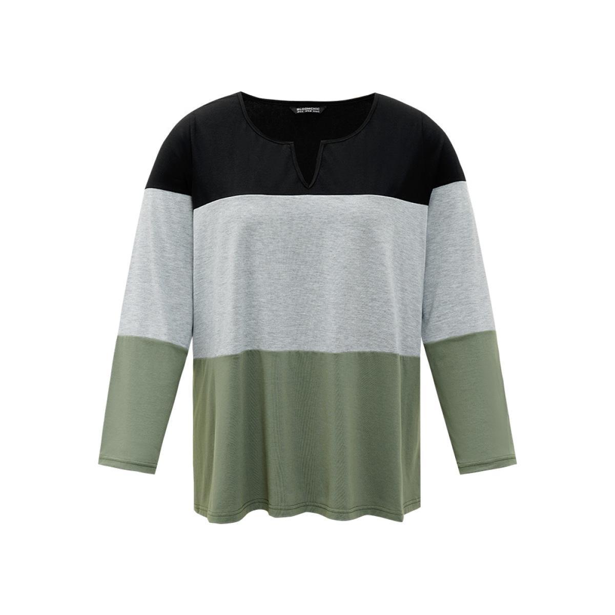 Plus Size Colorblock Contrast Notched Long Sleeve T-shirt Multicolor Women Casual Contrast Plain Notched collar Dailywear T-shirts BloomChic 30/6X Product Image
