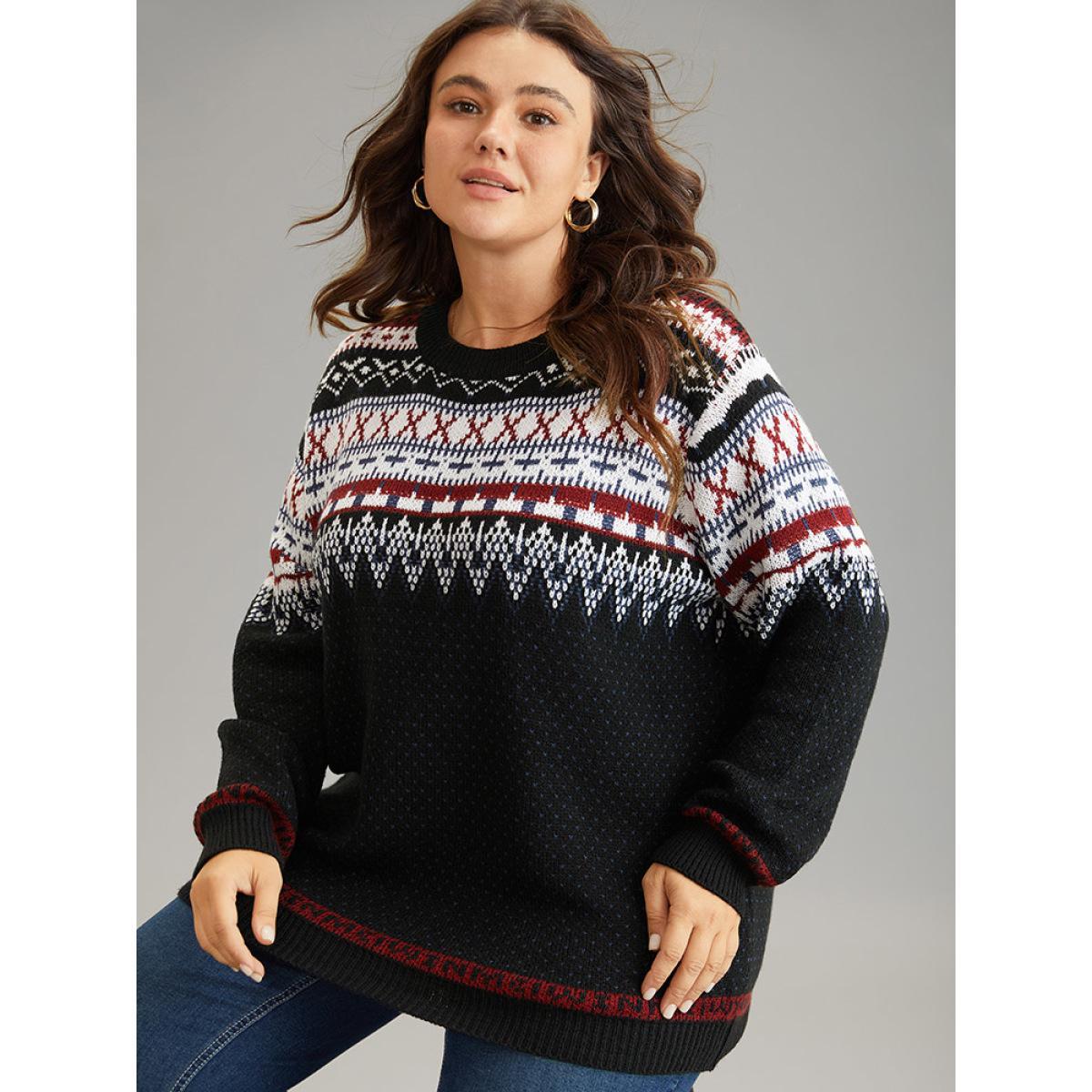 Plus Size Bandana Print Loose Elastic Cuffs Pullover Black Women Casual Loose Long Sleeve Round Neck Dailywear Pullovers BloomChic 10/M Product Image