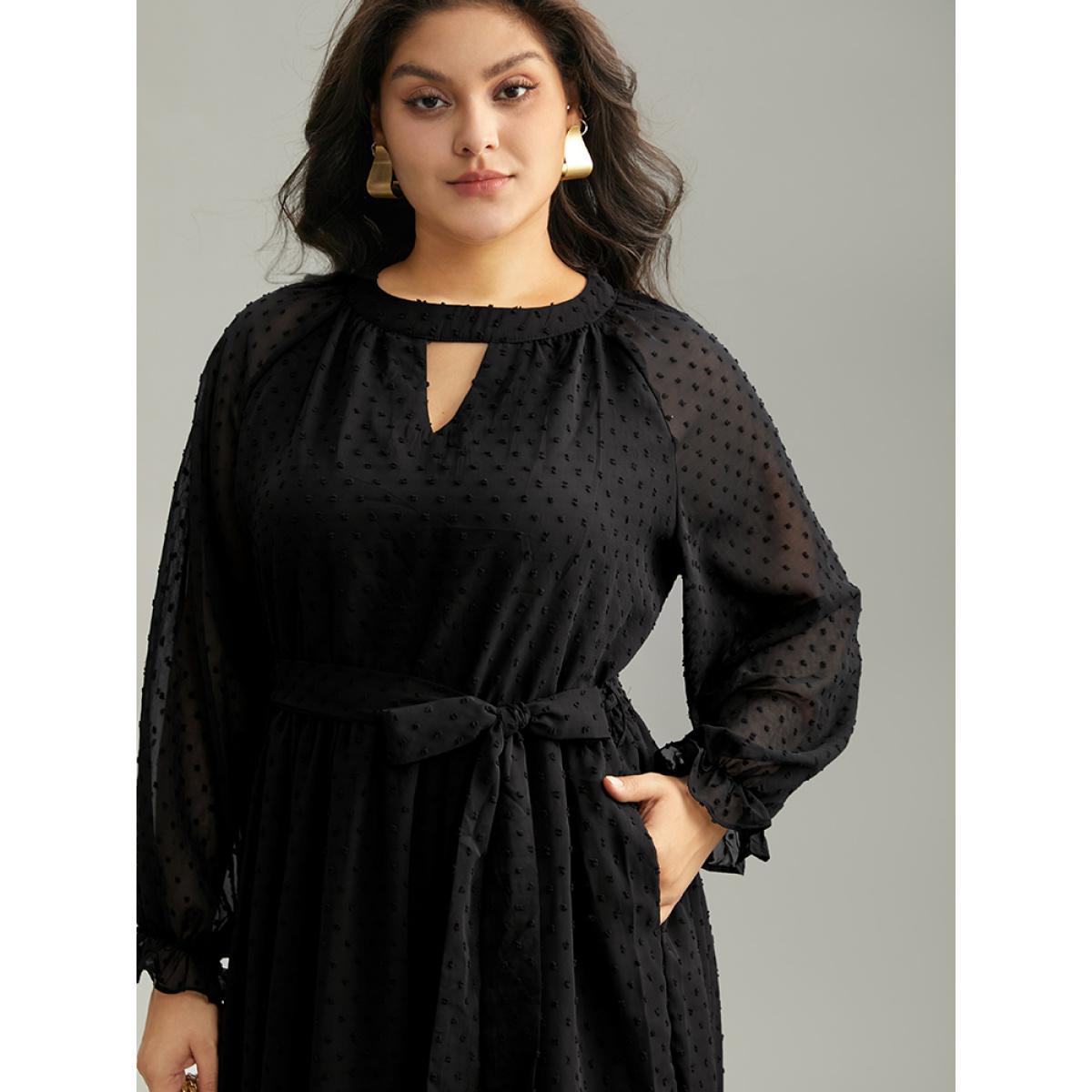 Plus Size Chiffon Texture Belted Mesh Keyhole Frill Trim Dress Black Women Office Texture Keyhole Cut-Out Long Sleeve Curvy Midi Dress BloomChic 22-24/3X Product Image