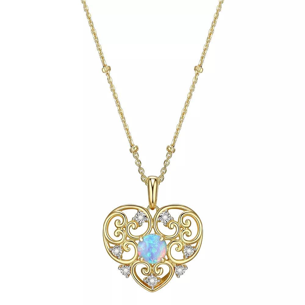 18k Gold Over Silver Lab Created Blue Opal & Diamond Accent Filigree Heart Pendant, Women's, Size: 18", Gold Tone Product Image