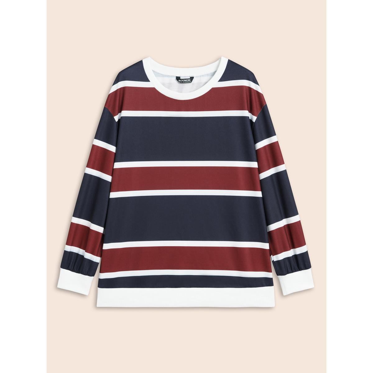 Plus Size Contrast Striped Drop Shoulder Sweatshirt Women Multicolor Casual Contrast Round Neck Everyday Sweatshirts BloomChic 10/M Product Image
