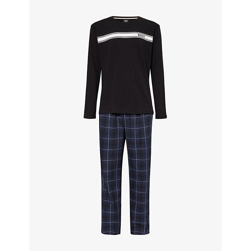 HUGO BOSS Mens Urban Long-sleeve Cotton-jersey And Flannel Pyjama Set Dark Blue Product Image