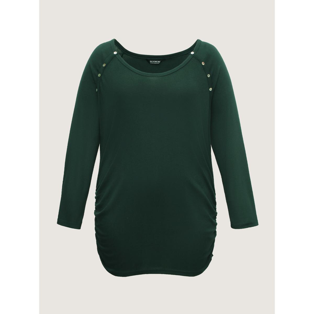 Plus Size Plain Gathered Button Detail T-shirt DarkGreen Women Casual Gathered Plain Round Neck Dailywear T-shirts BloomChic 10/M Product Image