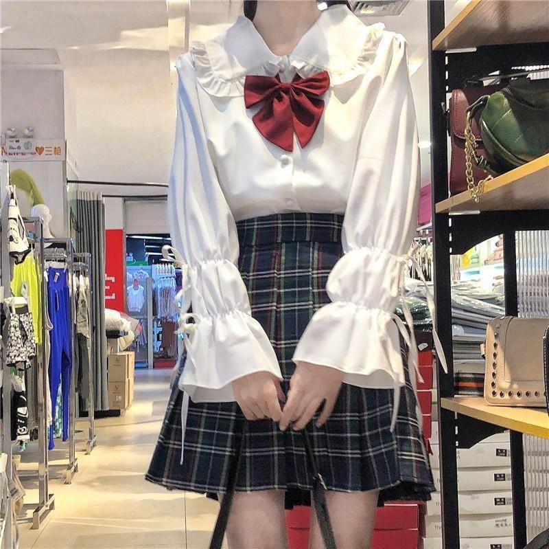 Puff-Sleeve Plain Bow Shirt / Bow Tie / Set Product Image