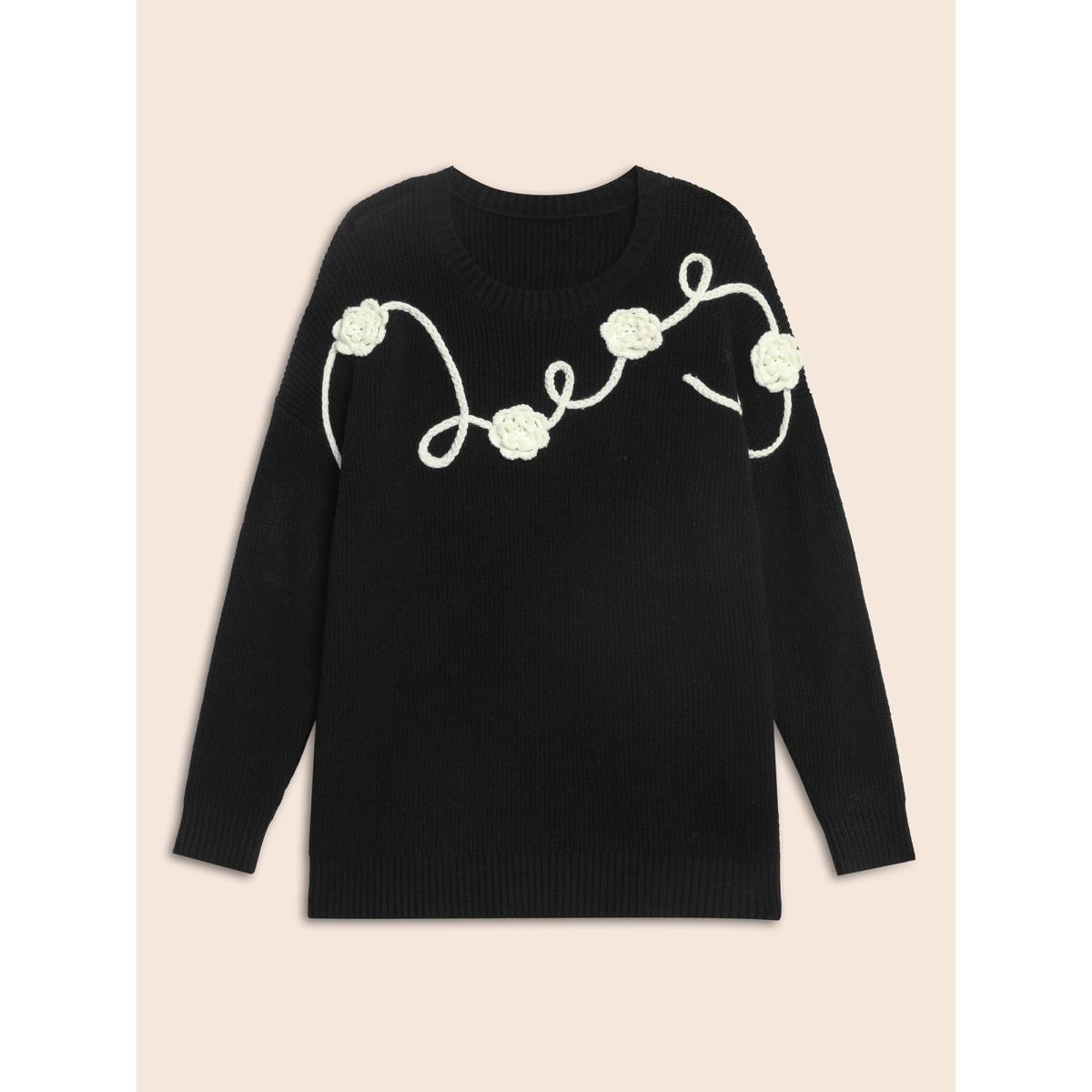 Plus Size Supersoft Essentials Crochet Floral Drop Shoulder Pullover Black Women Casual Loose Long Sleeve Round Neck Everyday Pullovers BloomChic 28/5X Product Image