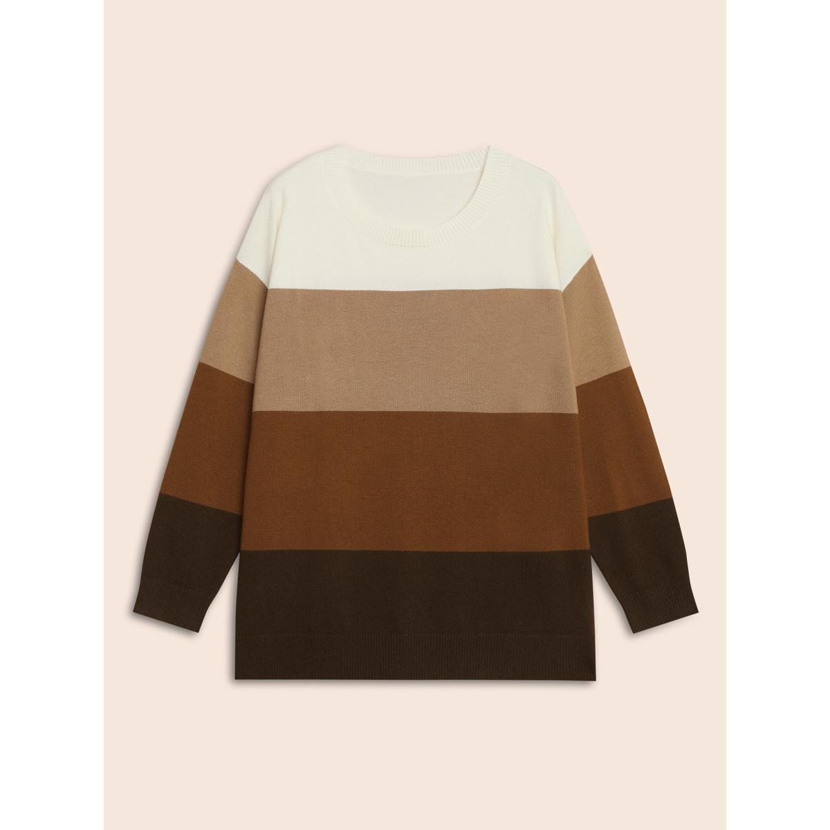 Plus Size Supersoft Essentials Colorblock Contrast Drop Shoulder Pullover Browncoffeecolor Women Casual Loose Long Sleeve Round Neck Everyday Pullovers BloomChic 22-24/3X Product Image