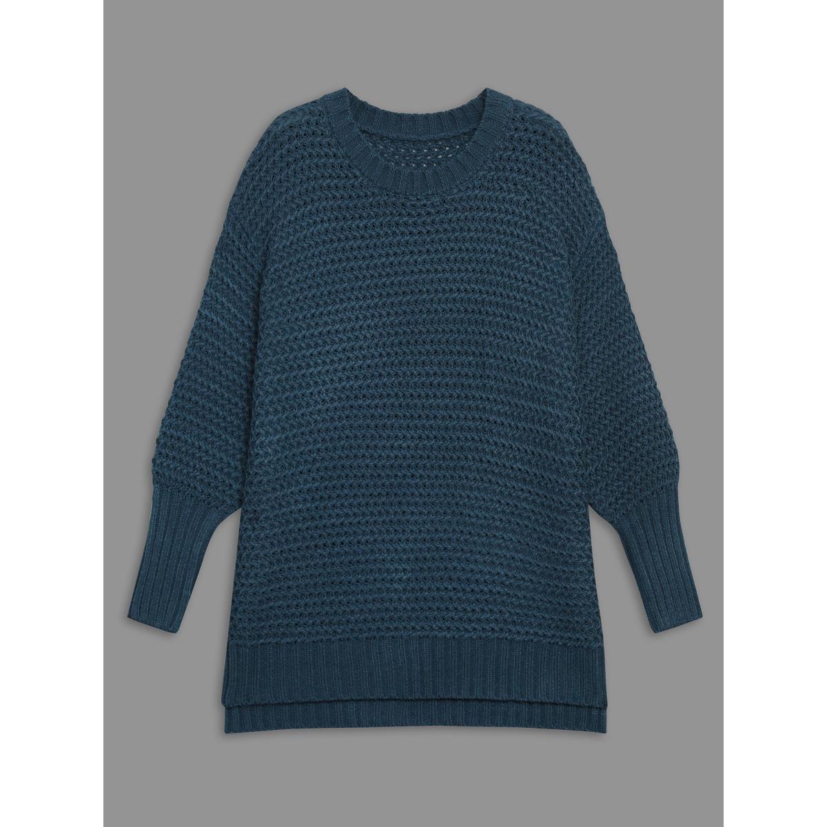 Plus Size Texture Drop Shoulder Split Hem Pullover Cyan Women Casual Loose Long Sleeve Round Neck Everyday Pullovers BloomChic 26/4X Product Image