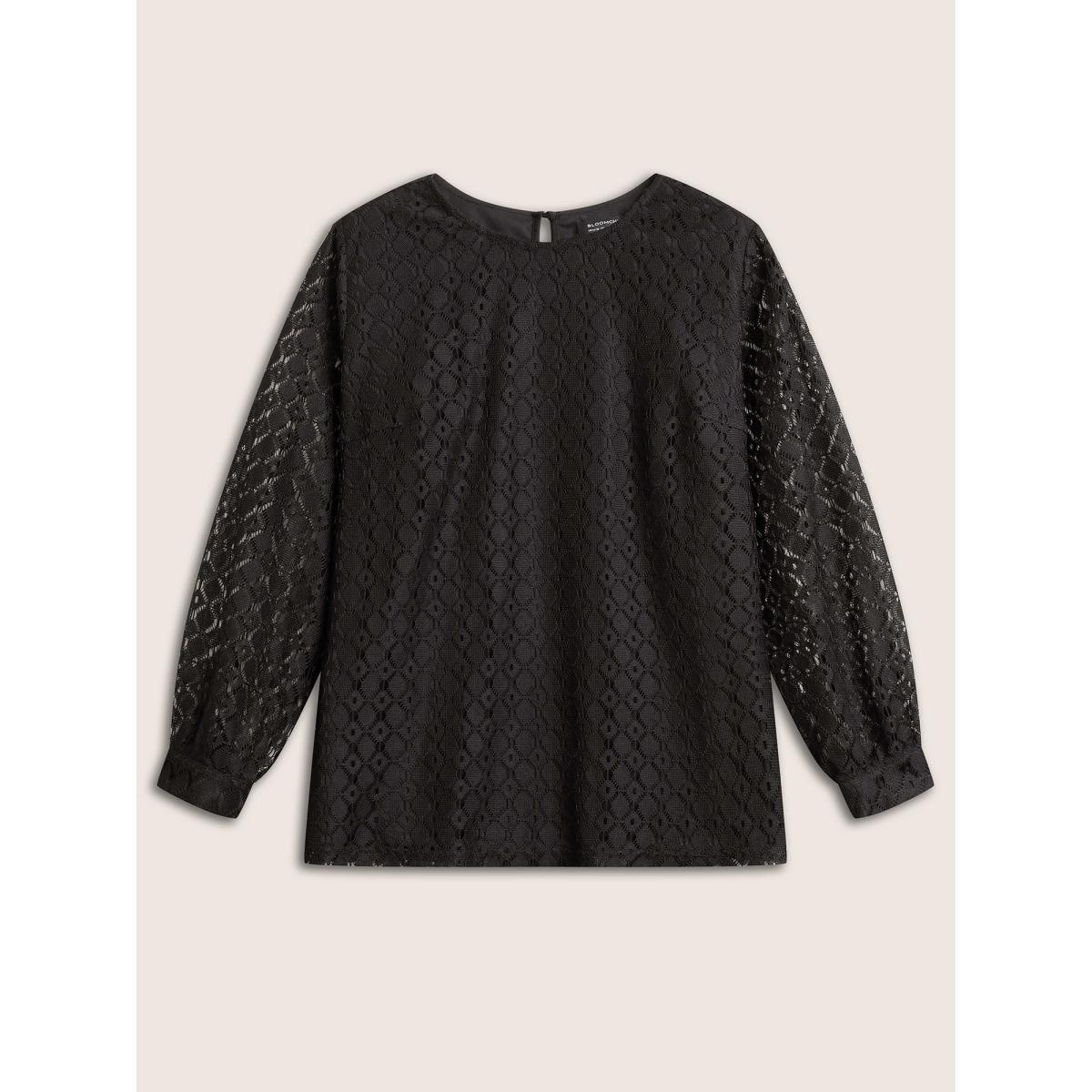 Plus Size Black Geometric Lace Panel Round Neck Blouse Women Elegant Long Sleeve Round Neck Party Blouses BloomChic 26/4X Product Image