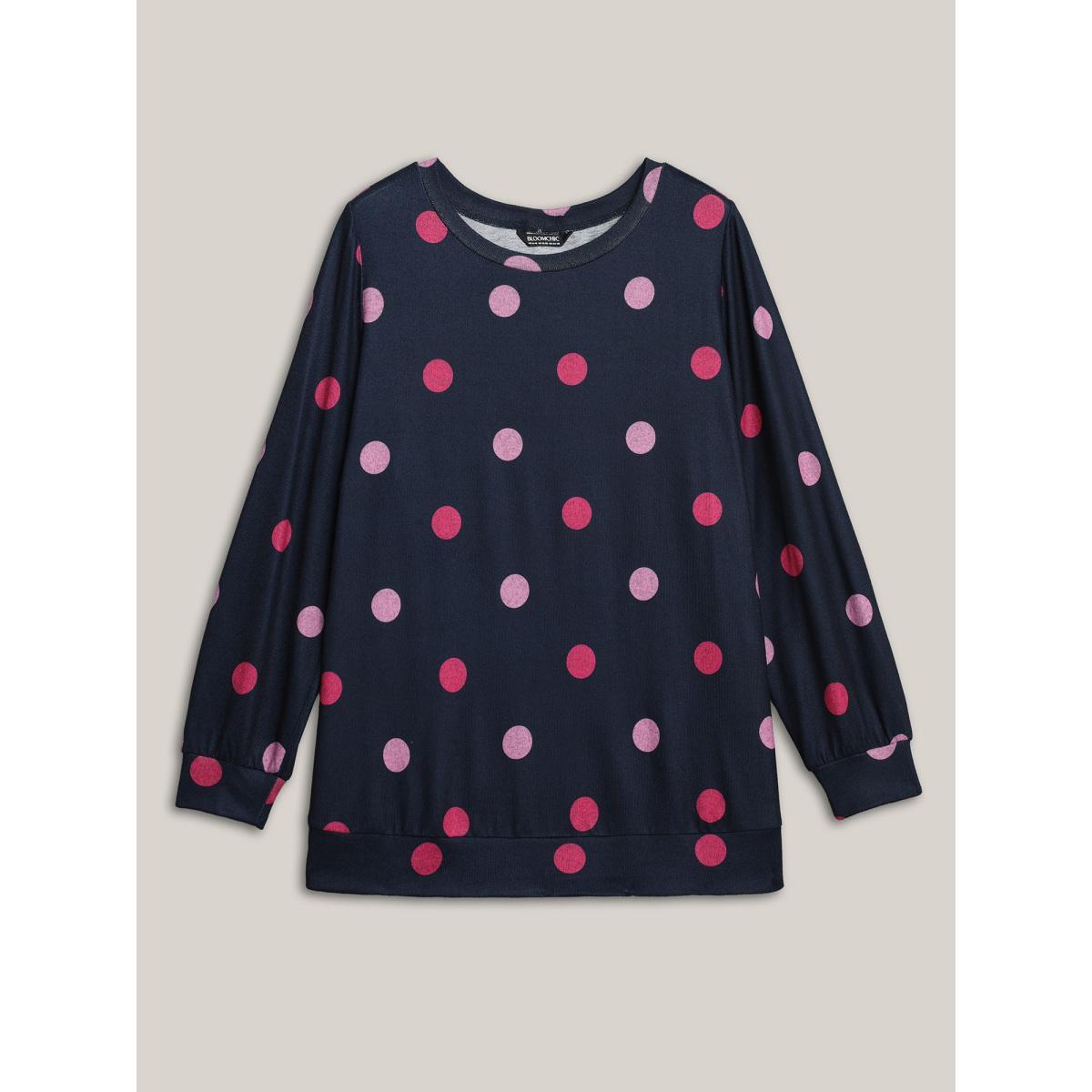 Plus Size Polka Dots Round Neck Fitted Sweatshirt Women Midnight Casual Contrast Round Neck Everyday Sweatshirts BloomChic 18-20/2X Product Image