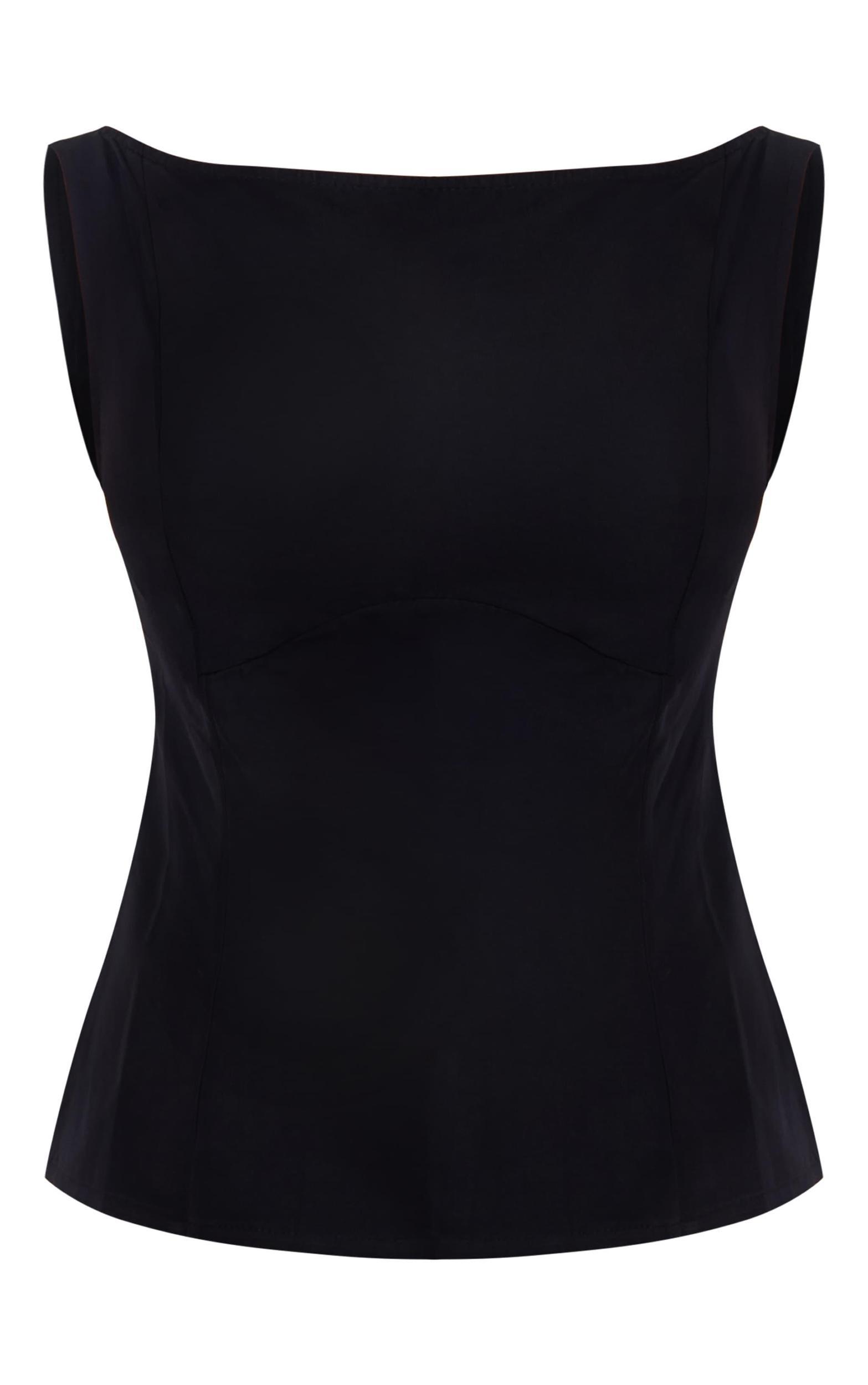 Black Woven Boatneck Scoop Back Long Top Product Image