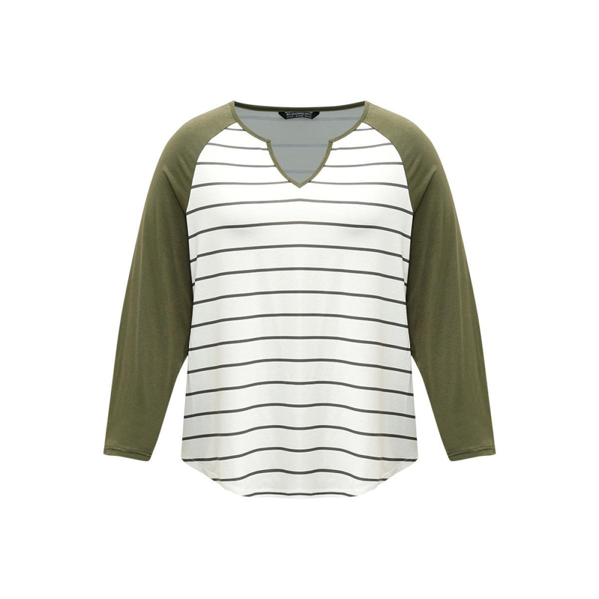 Plus Size Striped Notched Contrast Patchwork T-shirt ArmyGreen Women Casual Contrast Striped Notched collar Dailywear T-shirts BloomChic 12/L Product Image