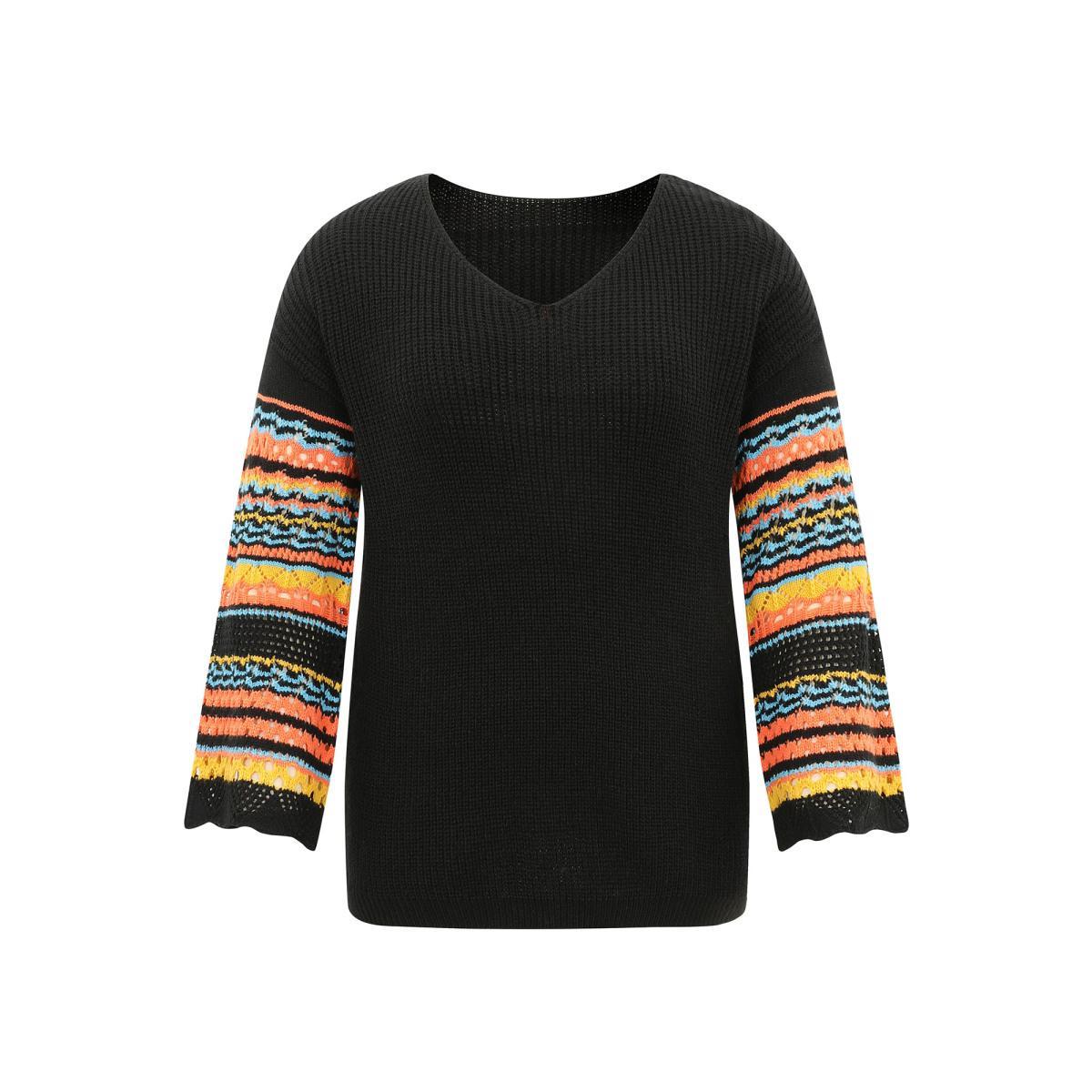 Plus Size Contrast Striped Hollow Out Bell Sleeve Pullover Black Women Resort Long Sleeve V-neck Vacation Pullovers BloomChic 22-24/3X Product Image