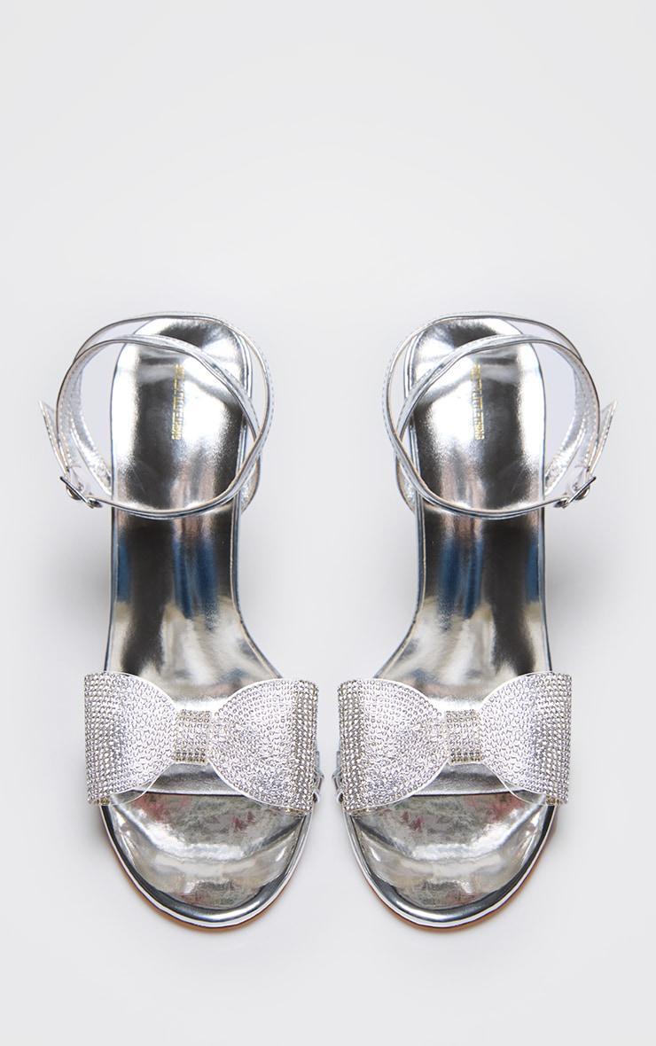 Silver PU Round Toe Diamante Bow Heeled Sandals Product Image