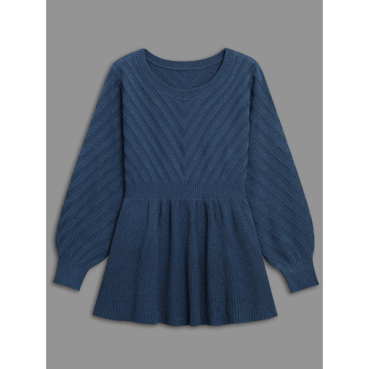 Plus Size Crew Neck Plain Textured Lantern Sleeve Pullover Indigo Women Casual Bodycon Long Sleeve Round Neck Everyday Pullovers BloomChic 12/L Product Image
