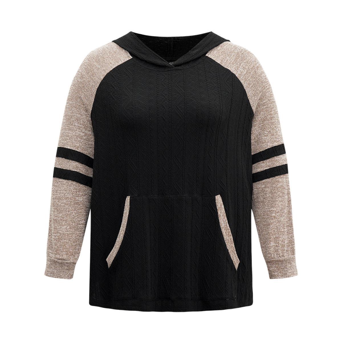 Plus Size Contrast Textured Raglan Sleeve Pocket Hooded Sweatshirt Women Black Casual Texture Hooded Dailywear Sweatshirts BloomChic 18-20/2X Product Image