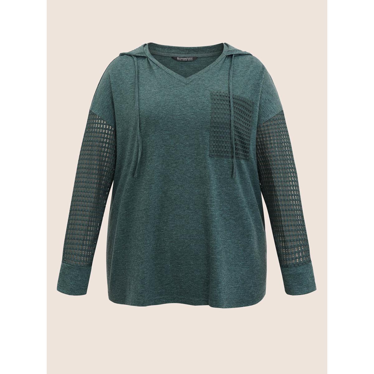 Plus Size Solid Heather Patched Pocket Textured T-shirt Cyan Women Casual Texture Plain Hooded Everyday T-shirts BloomChic 12/L Product Image