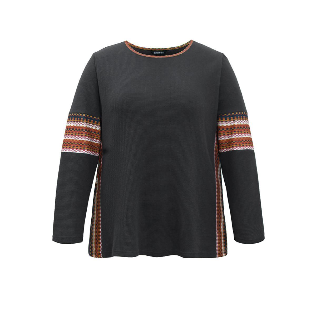 Plus Size Bandana Print Waffle Knit T-shirt DarkGray Women Elegant Waffle Knit Bohemian Print Round Neck Dailywear T-shirts BloomChic 26/4X Product Image