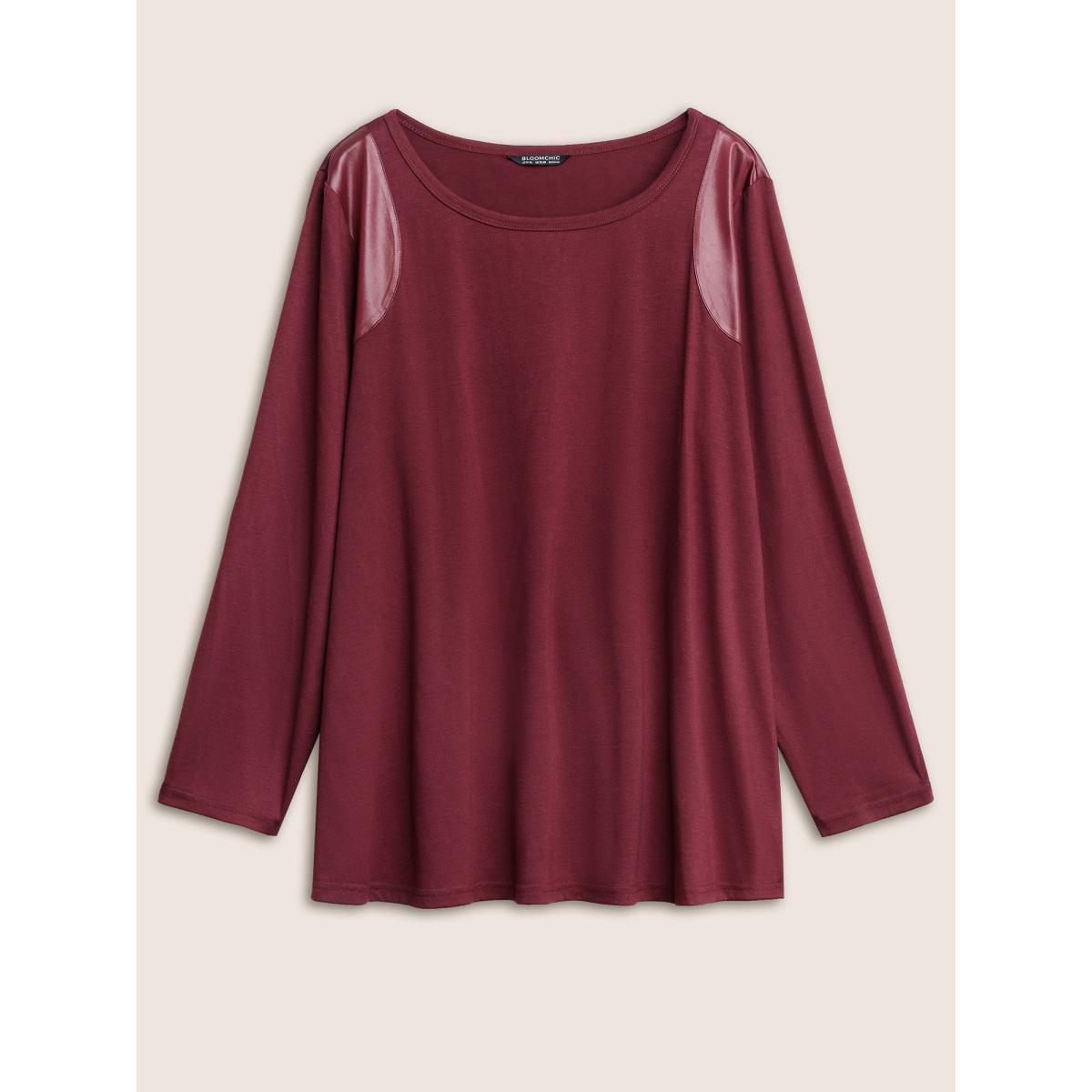 Plus Size Crew Neck Plain PU Leather T-shirt Burgundy Women Casual Patchwork Plain Round Neck Everyday T-shirts BloomChic 18-20/2X Product Image
