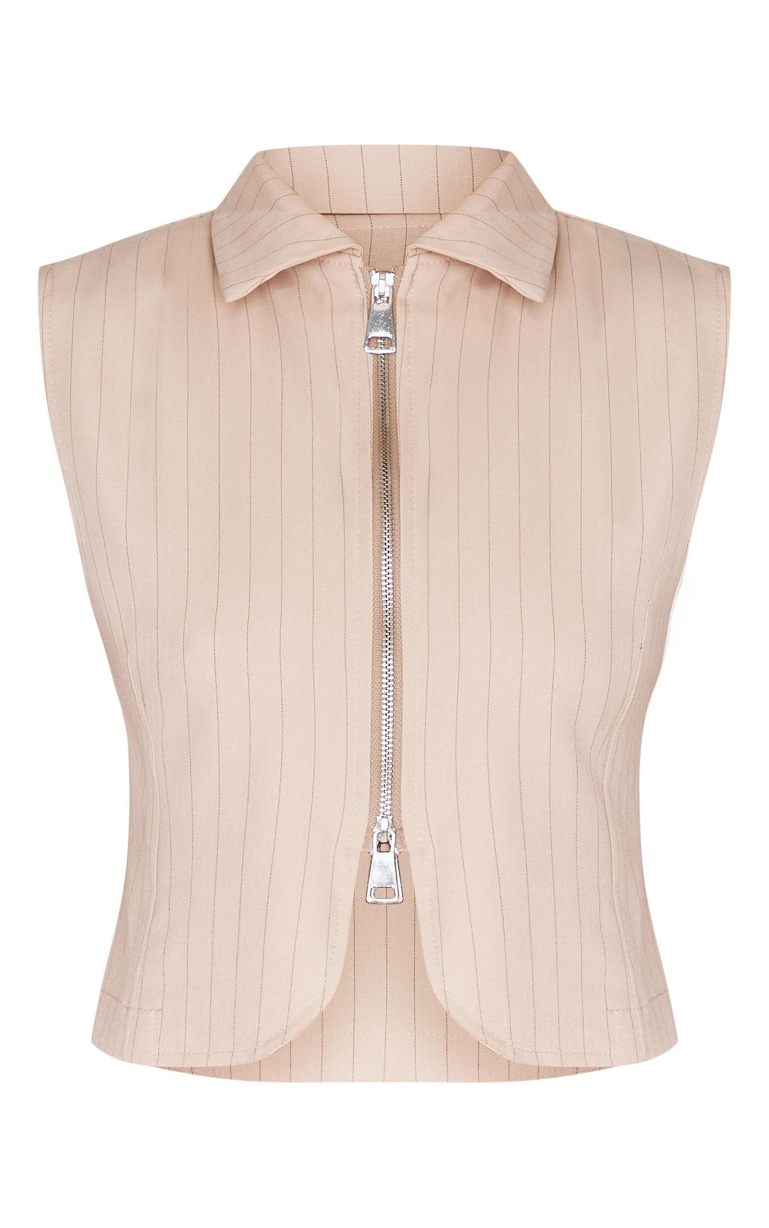 Stone Pinstripe Double Zip Sleeveless Shirt Product Image