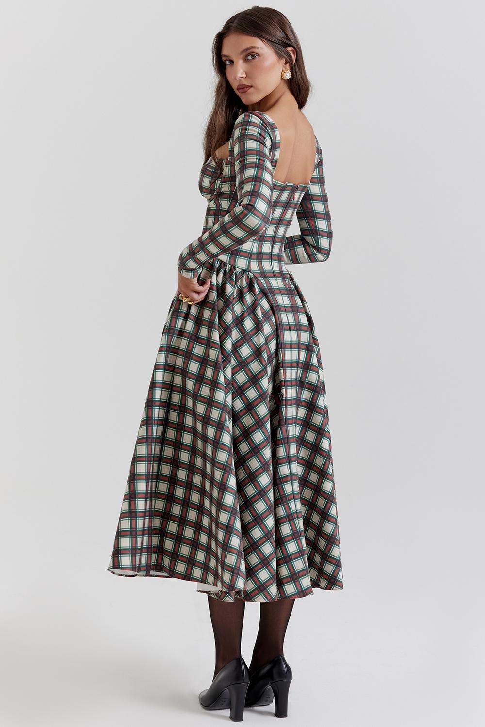 Eliza Red Tartan Corset Midi Dress Product Image