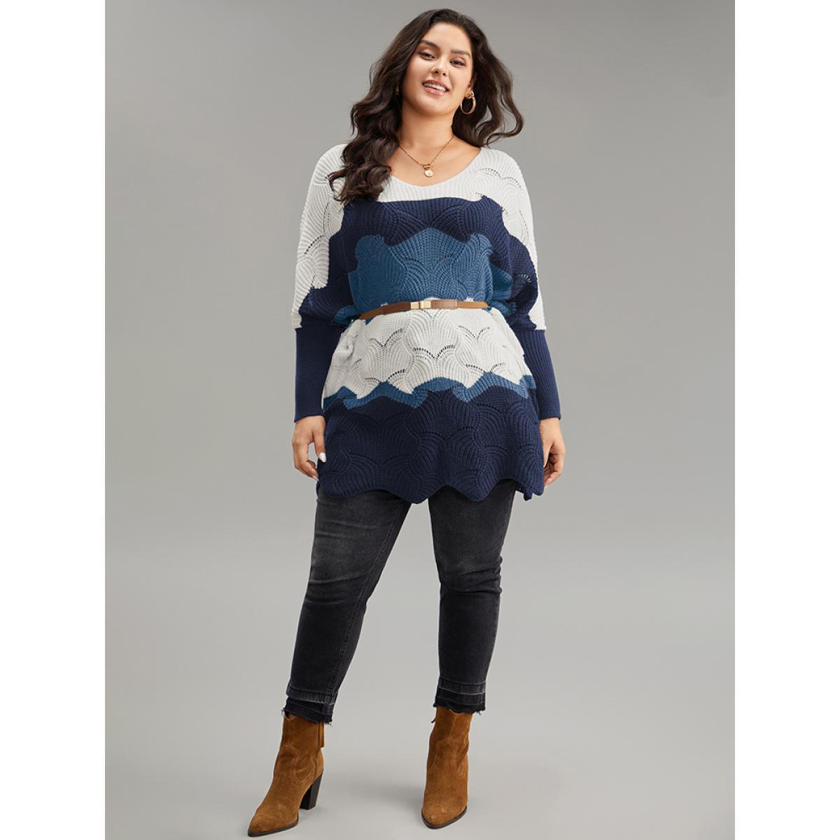 Plus Size Contrast Cut Out Batwing Sleeve Pullover Midnight Women Casual Loose Long Sleeve V-neck Everyday Pullovers BloomChic 22-24/3X Product Image