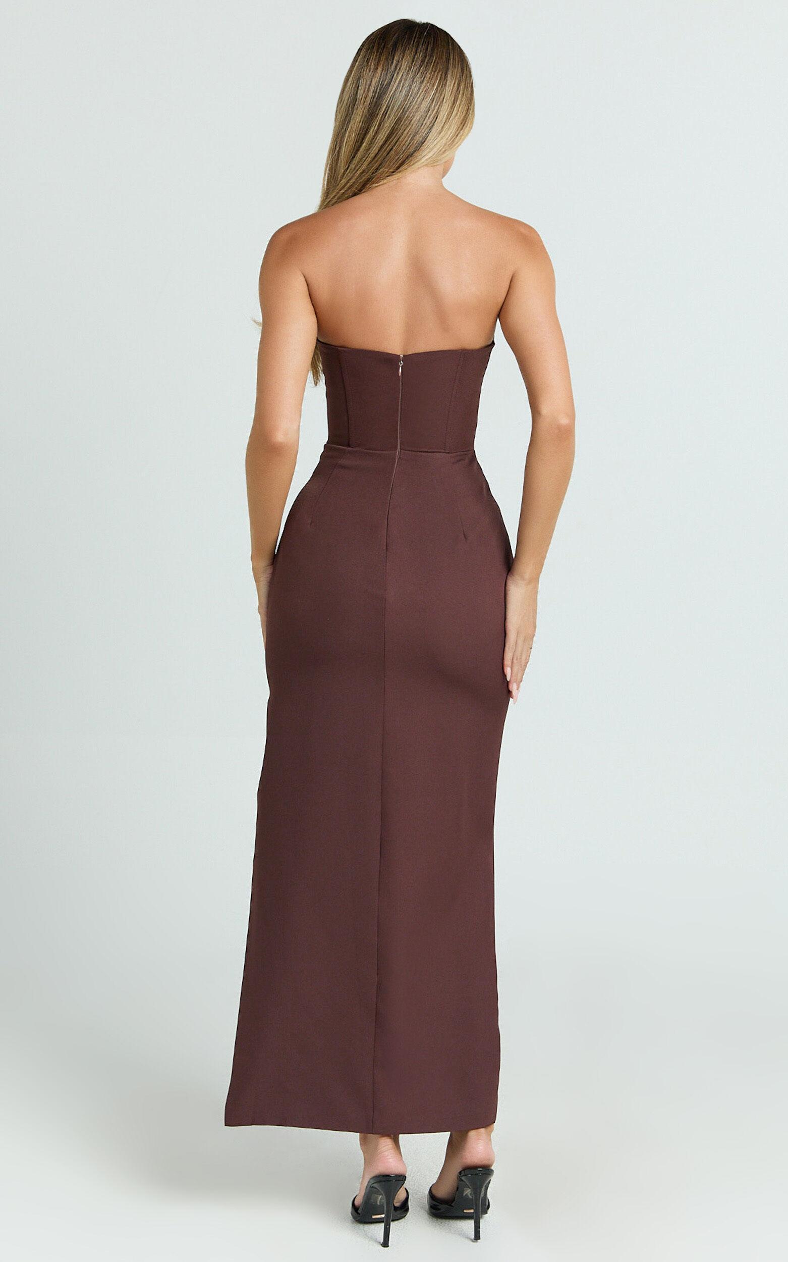 Avery Midi Dress - Strapless Draped Side Split Dress in Chocolate Product Image