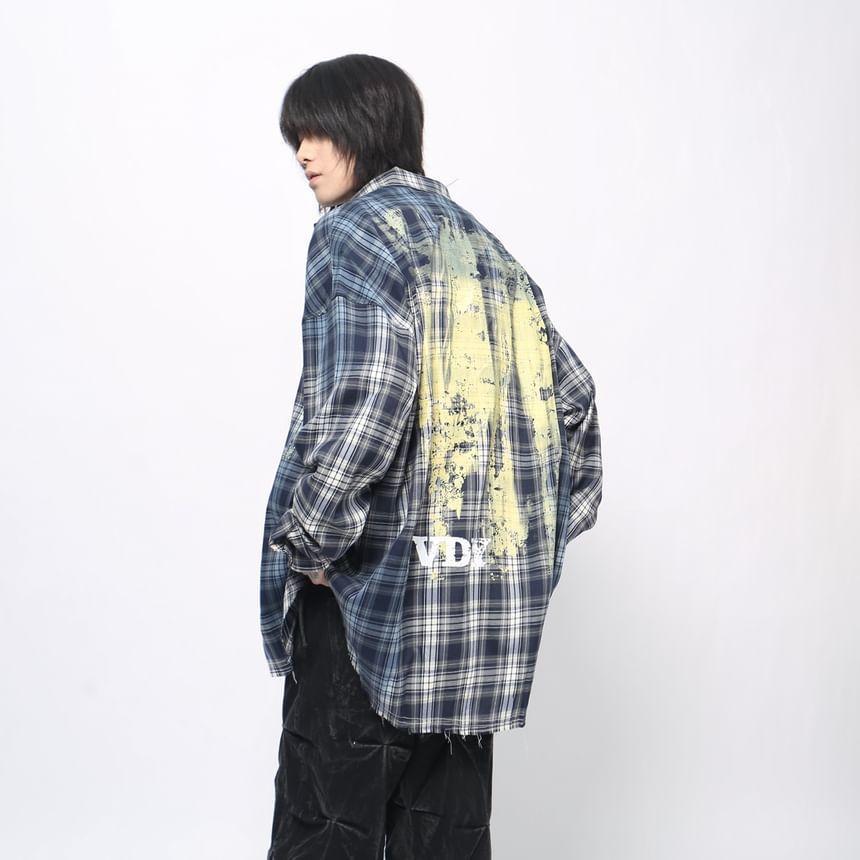 Long Sleeve Collared Plaid Patterned Print  Shirt Product Image