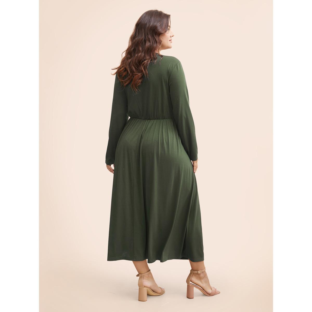 Plus Size Supersoft Essentials Ruched Wrap Pleated Hem Dress Burgundy Women Casual Non Overlap Collar Long Sleeve Curvy Midi Dress BloomChic 28/5X Product Image