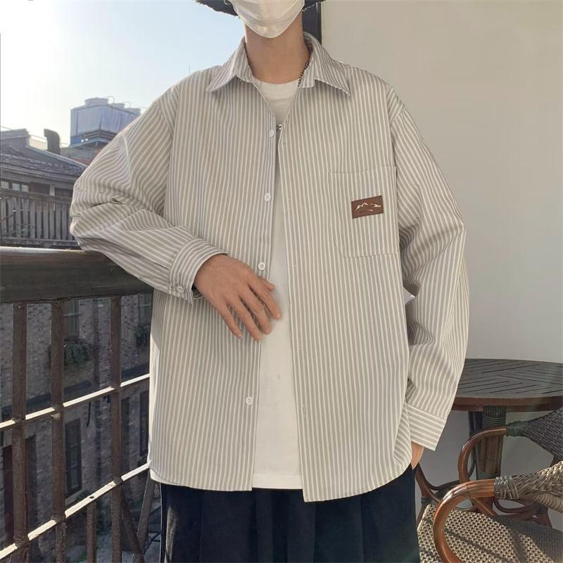 Long-Sleeve Striped Applique Button-Up Shirt Product Image