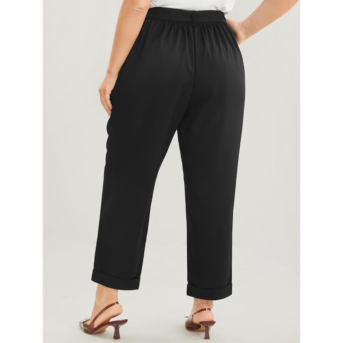 Plus Size Plain Elastic Waist Belted Pocket Mid Rise Pants Women Black Office Mid Rise Dailywear Pants BloomChic 30/6X Product Image