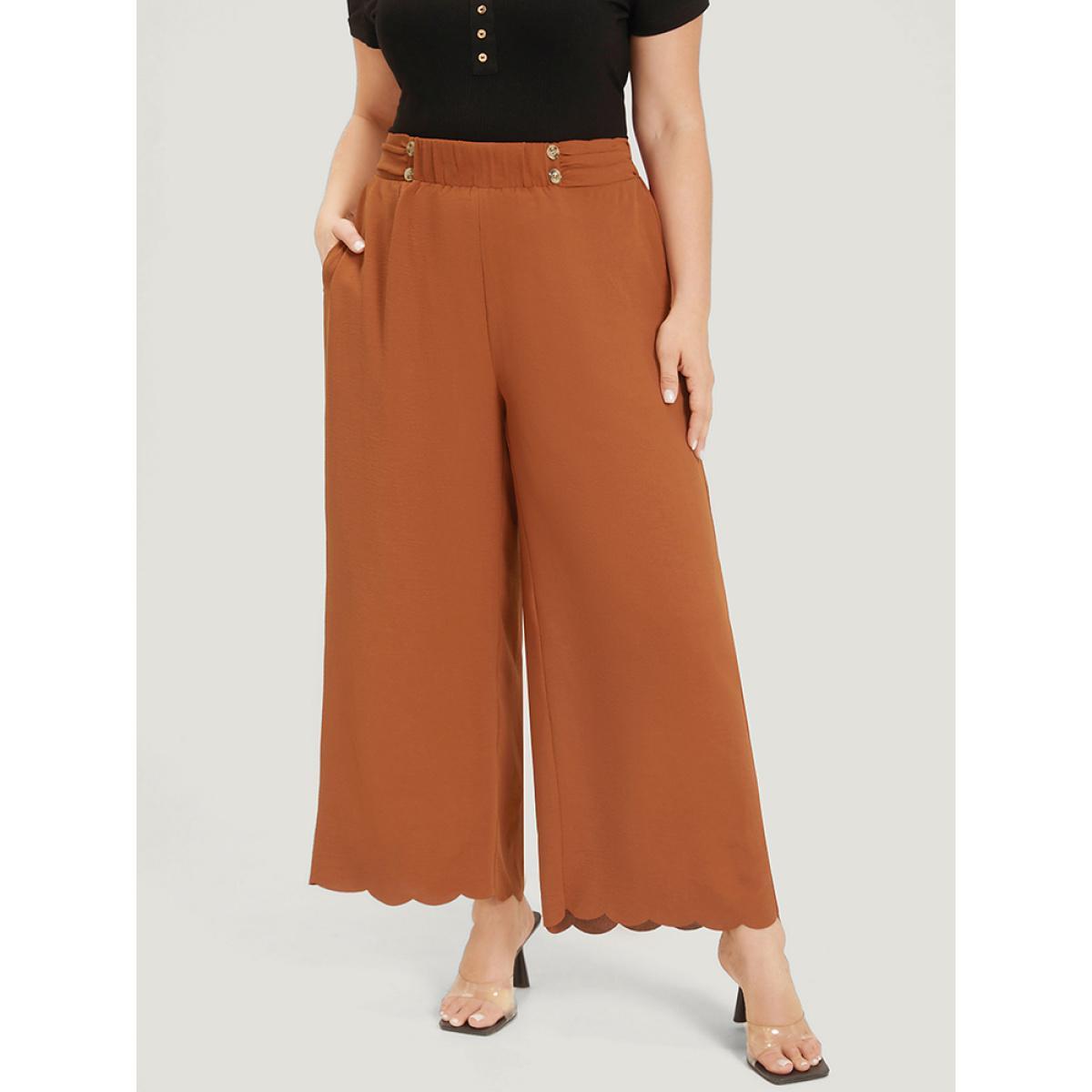 Plus Size Solid Button Detail Ruched Pocket Scalloped Trim Pants Women Rust Elegant Straight Leg High Rise Dailywear Pants BloomChic 14-16/1X Product Image