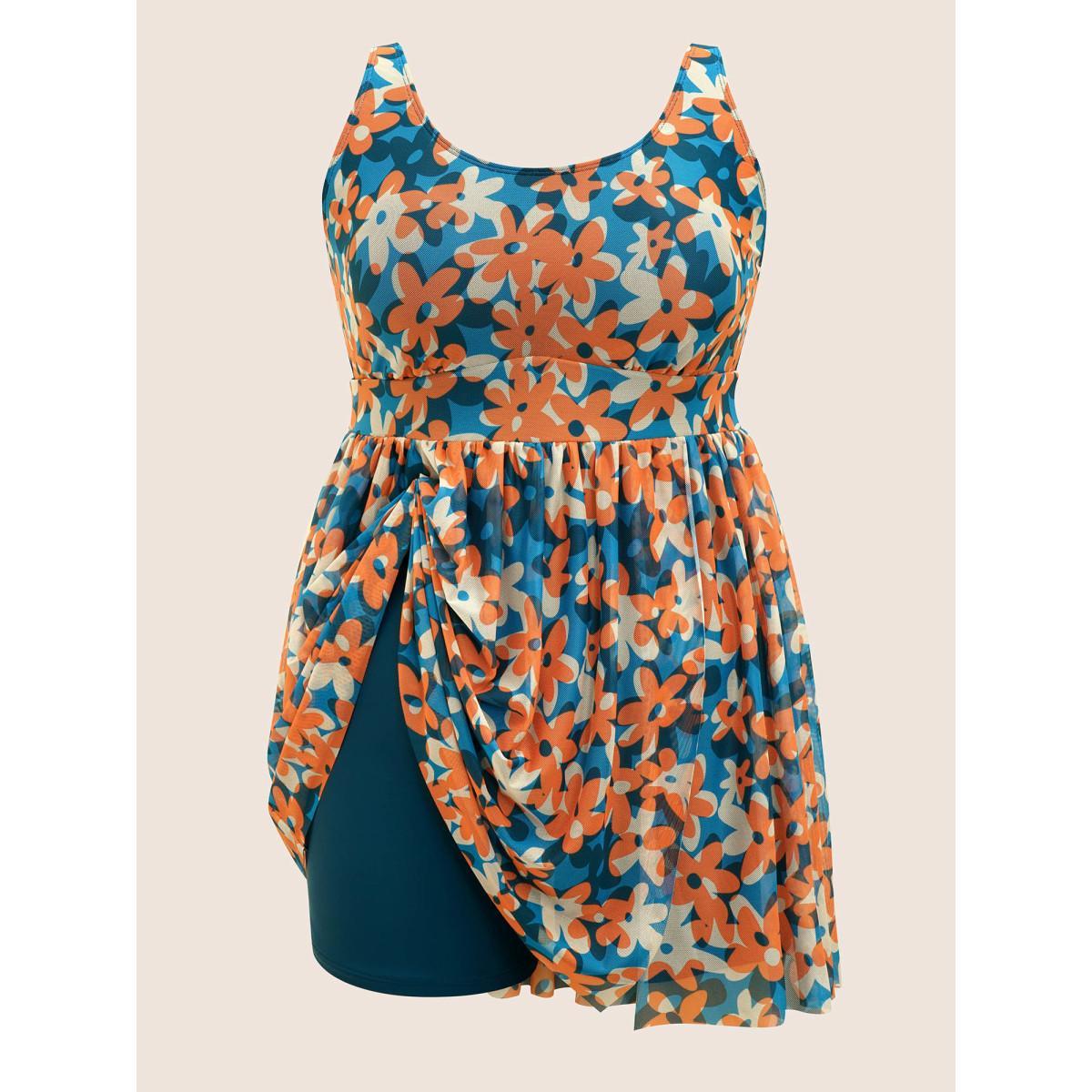 Plus Size Ditsy Floral Slit Hem See Through Swim Dress Women's Swimwear Multicolor Beach Bodycon U-neck High stretch Curve Swim Dresses BloomChic 12/L Product Image