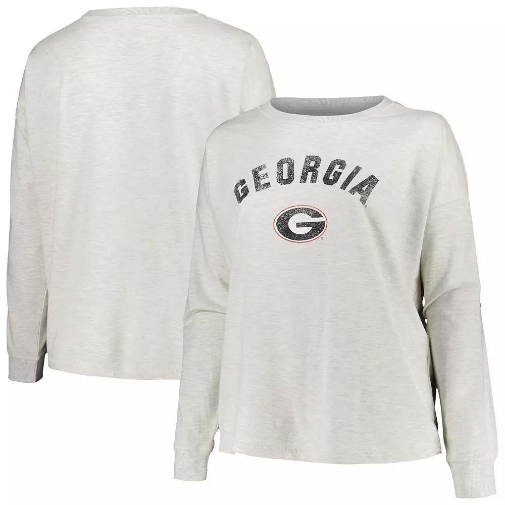 Women's Profile Oatmeal Georgia Bulldogs Plus Size Distressed Arch Over Logo Neutral Boxy Pullover Sweatshirt, Size: 1XL, Team Product Image