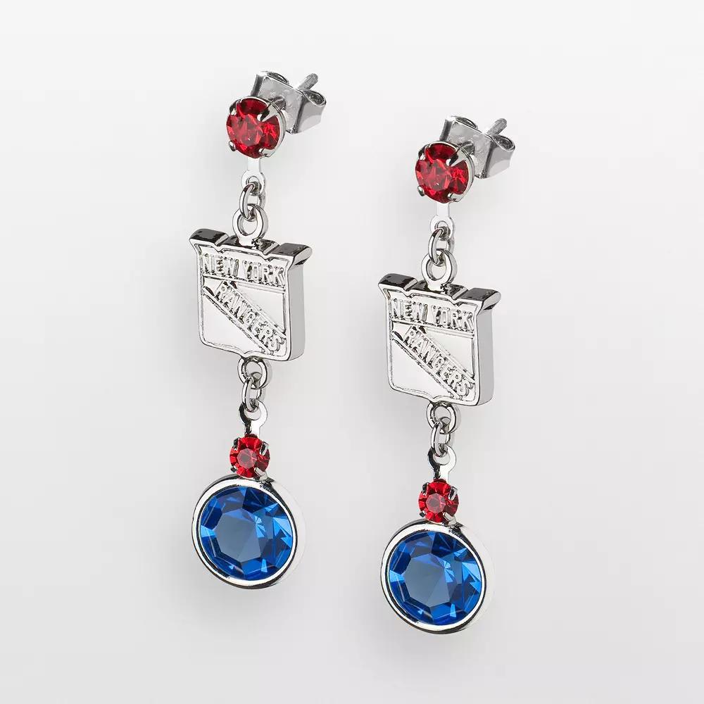 LogoArt New York Rangers Silver Tone Crystal Logo Linear Drop Earrings, Women's Product Image