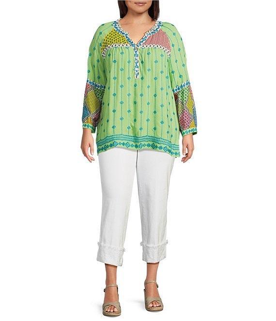John Mark Plus Size Embroidered Mix Print Split V-Neck Long Raglan Sleeve Tunic Product Image