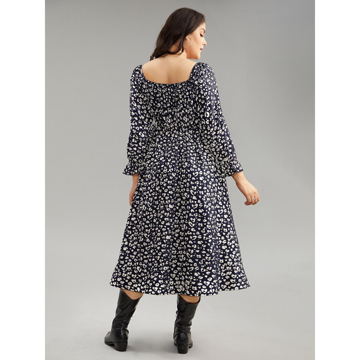 Plus Size Leopard Print Shirred Square Neck Pocket Dress DarkBlue Women Casual Printed Square Neck Long Sleeve Curvy Midi Dress BloomChic 22-24/3X Product Image