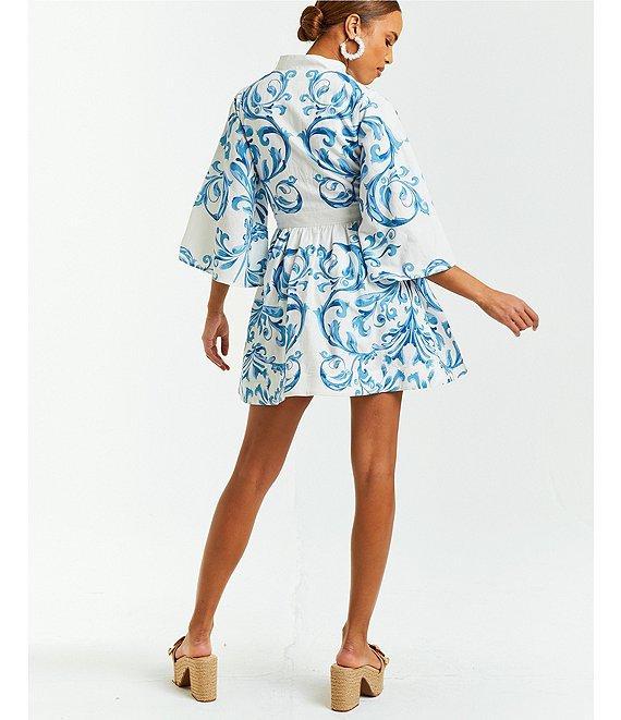 Mestiza New York Carmen Floral Print Mandarin Collar 3/4 Full Sleeve Tie-Waist Mini A-Line Dress Product Image