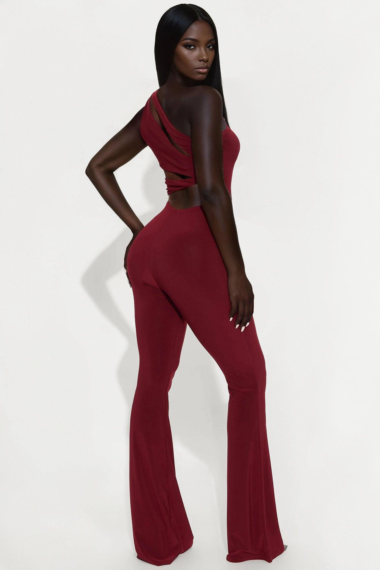 Flirty And Fun One Shoulder Jumpsuit - Burgundy Product Image