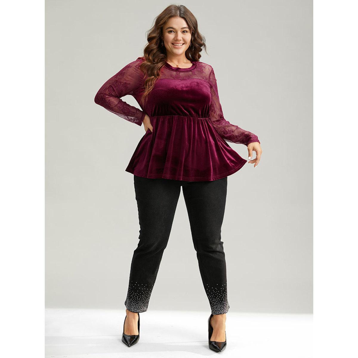 Plus Size Burgundy Velvet Patchwork Mesh Guipure Lace Gathered Blouse Women Elegant Long Sleeve Round Neck Festival-Christmas Blouses BloomChic 18-20/2X Product Image