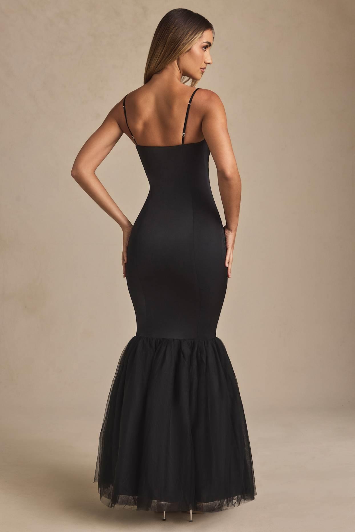 Tulle Hem Fishtail Gown in Black Product Image